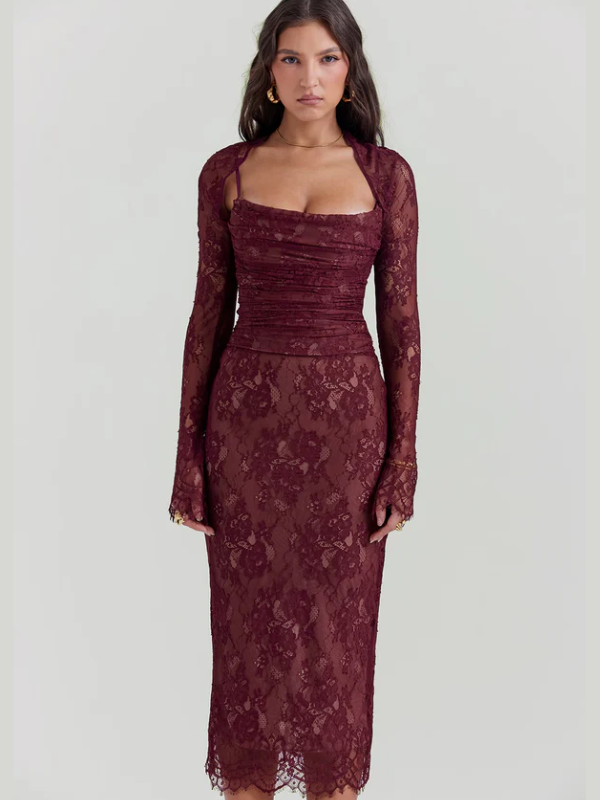 Vestido feminino vinho midi em renda com mangas longas